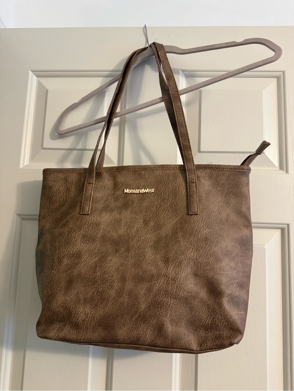 Montana West Taupe Brown Faux Leather Tote with Gold Logo